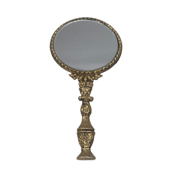 Antique Gilt Scrolled Roses Flapper Small Handheld Mirror Old Hollywood Art Deco - Picture 6 of 12